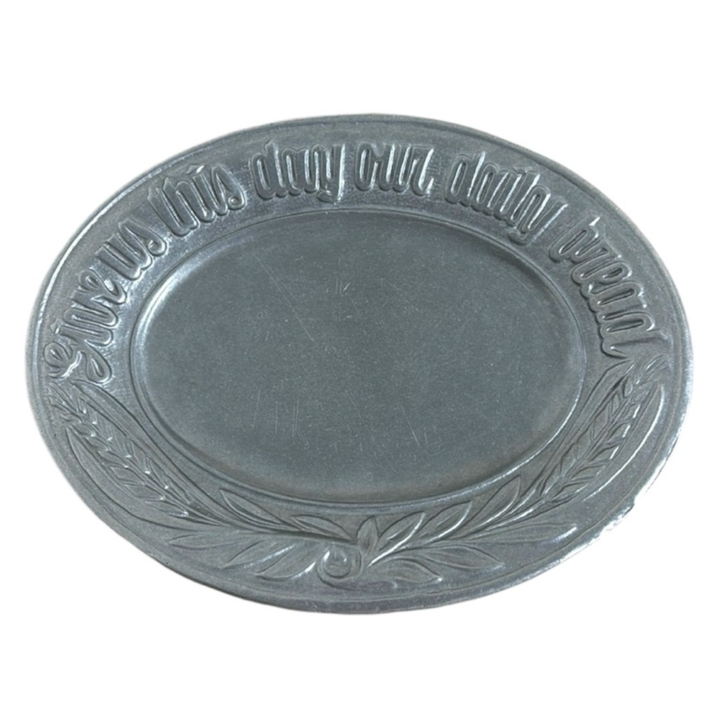 VTG Give Us This Day Our Daily Bread Plate Oval Pewter Farmhouse Kitchen decor